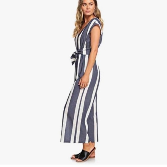 🌻ROXY "Same Old" Blues Striped Wide Leg Jumpsuit With Belt || Size Small - Picture 4 of 11